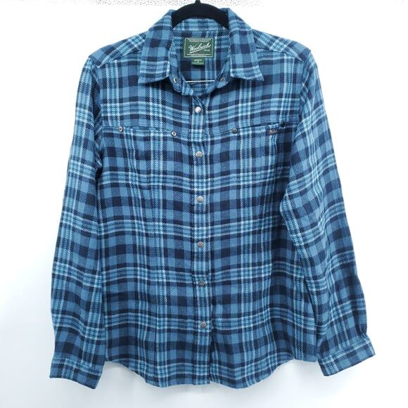 Woolrich Chore Wool Flannel Shacket Blue Plaid Snap Button Down Long Sleeve M - Picture 1 of 12